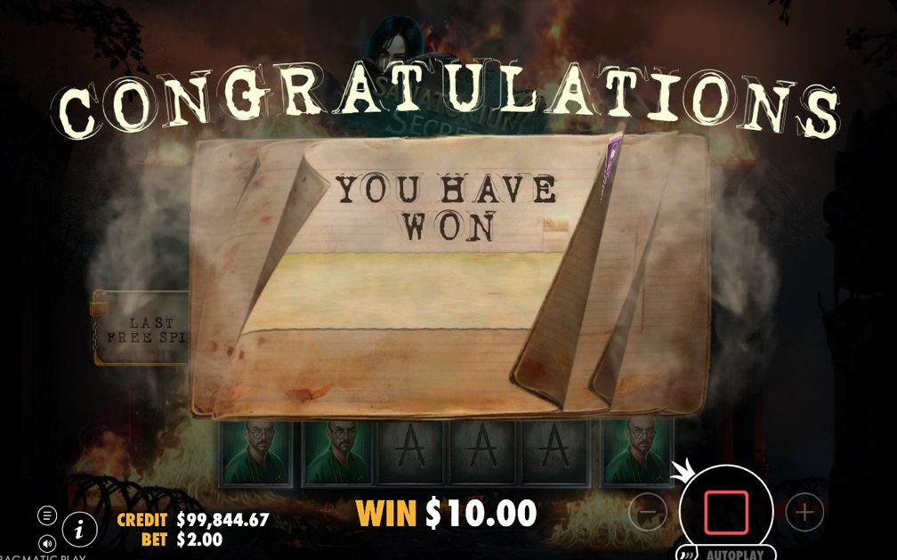 Win screen showing the payout for a winning round
