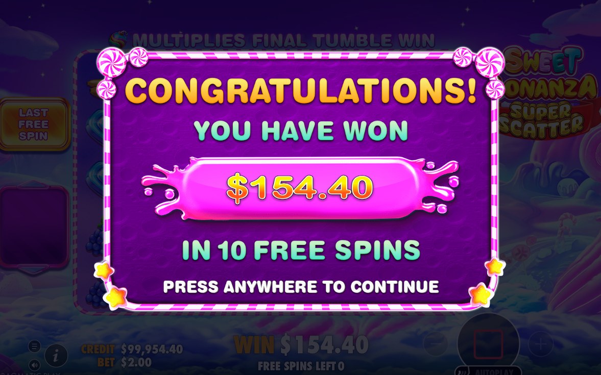 Win screen after a tumble with the multiplier applied